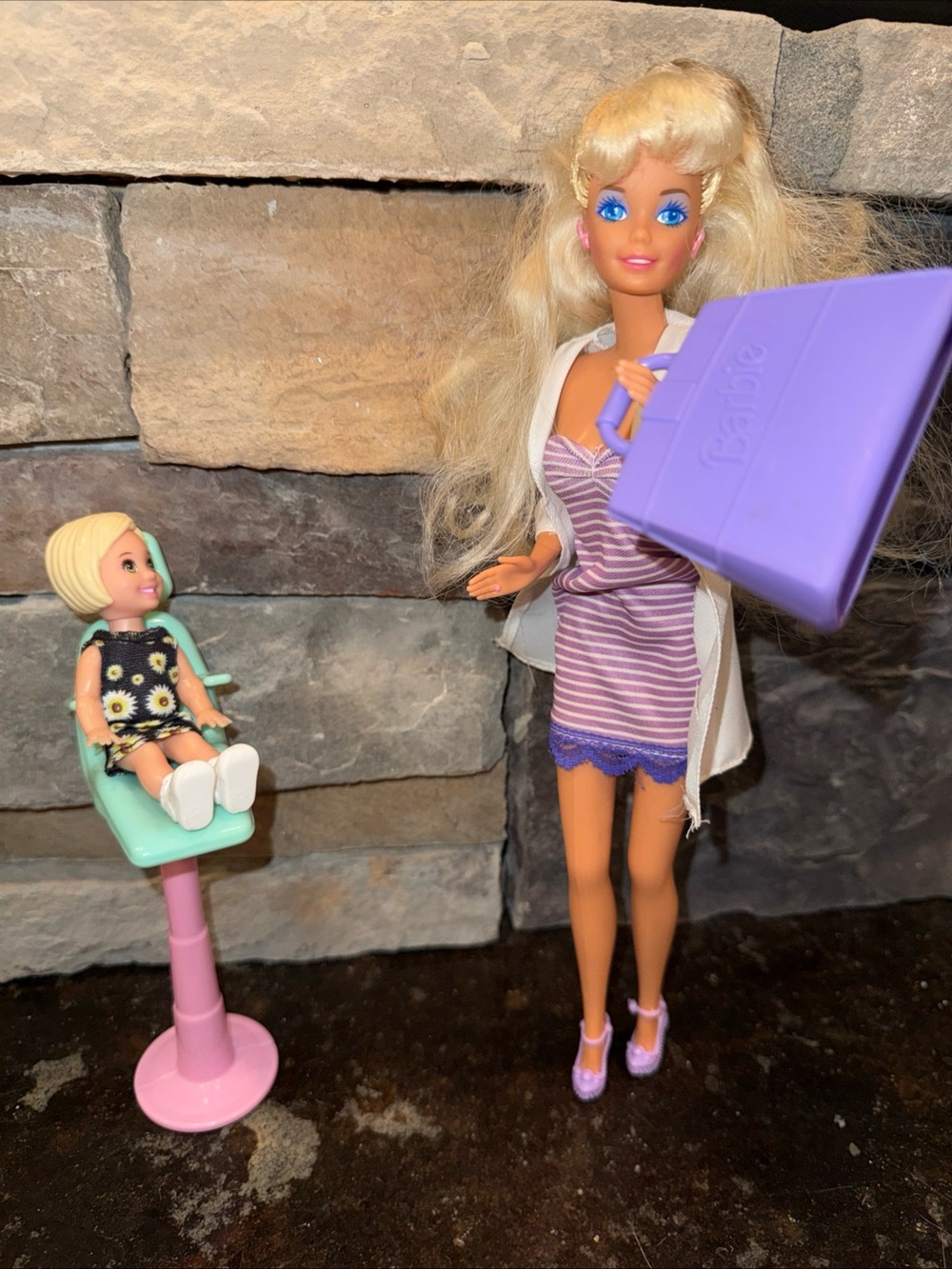 Dr Barbie outfit patient chair and small child missing tooth
